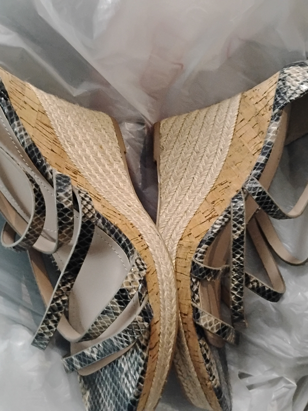 Charles David Beige and Black Snakeskin Platform Wedge Sandals
